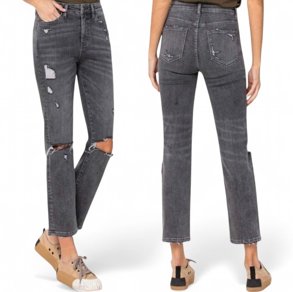 Vervet High Rise Cropped Black/Gray Jeans Distressed Straight Leg Size 30